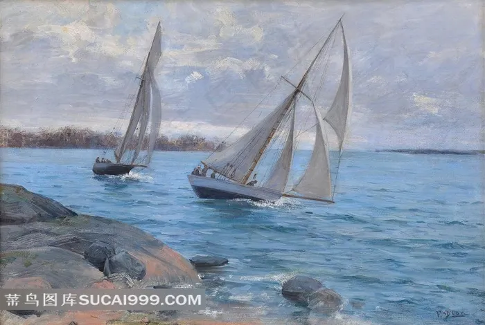 两只帆船的海边景色油画