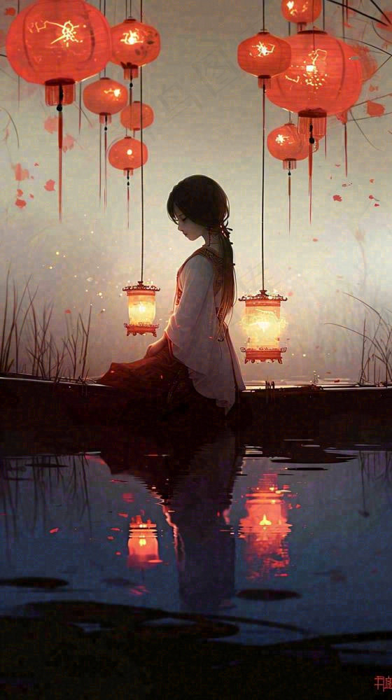 古风夜晚湖边少女灯笼意境水面(816x1456)