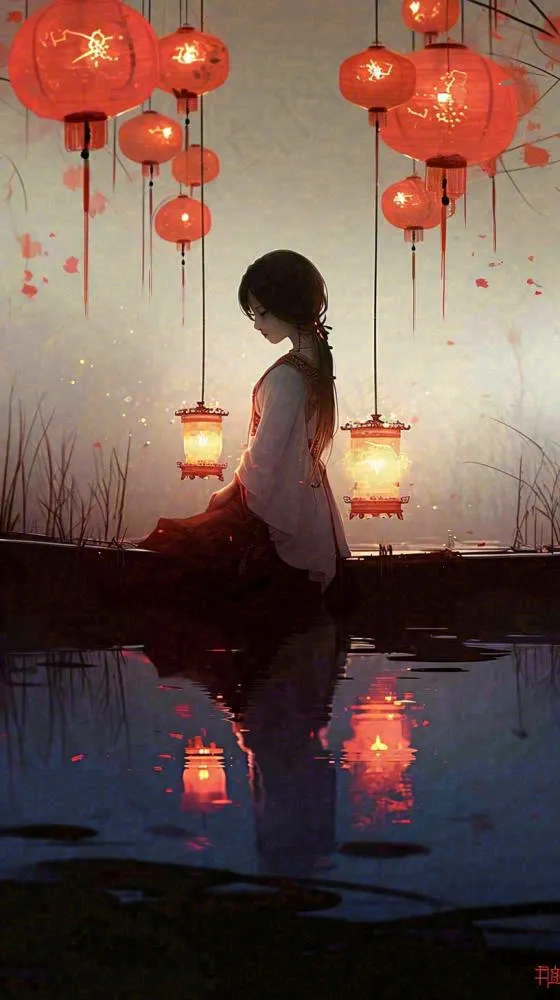 古风夜晚湖边少女灯笼意境水面(816x1456)