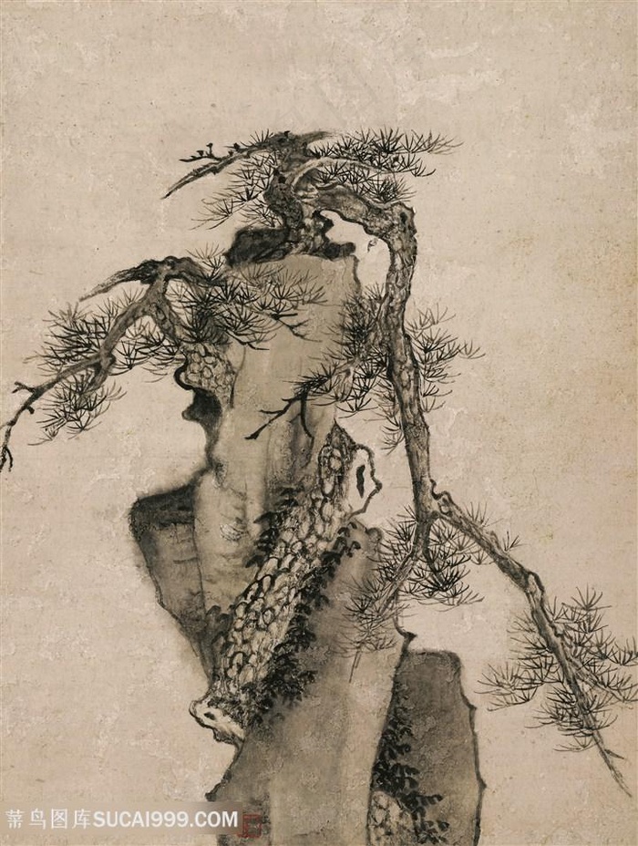 清代弘仁山水图峭岩古松国画图片