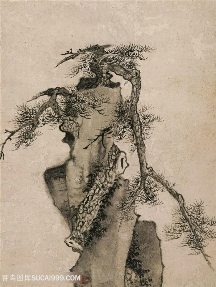 清代弘仁山水图峭岩古松国画图片