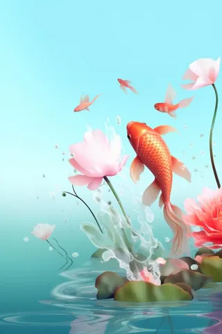 简约金鱼粉色花水花背景