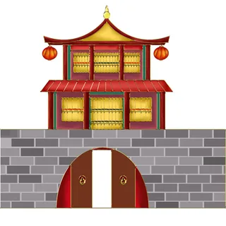 中国风复古式国潮门楼手绘城门插画牌楼建筑PSD素材png免扣图