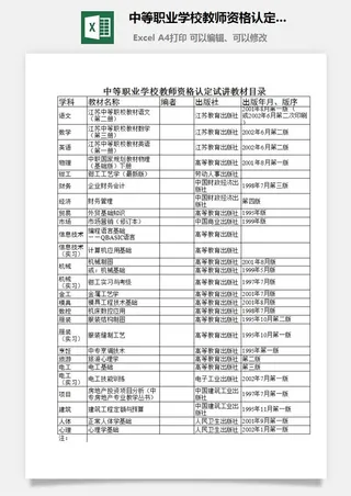 中等职业学校教师资格认定试讲教材目录excel模板