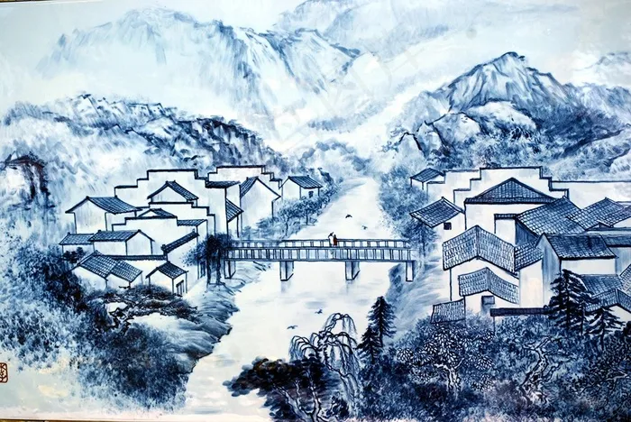 水墨山水画中的山中村庄