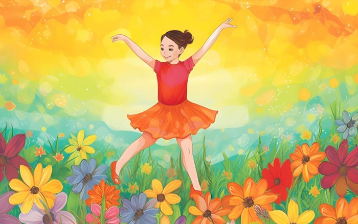 花丛中跳舞的女孩色彩插画背景