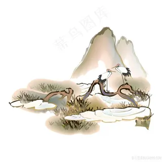 山峰松树仙鹤古风水墨画