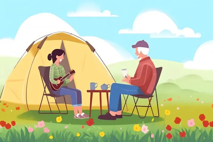 户外野外森林草原露营人们卡通插画背景(3600x2400)