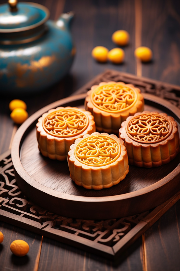 中秋木质托盘餐具上摆放着的月饼和茶壶杯子摄影图