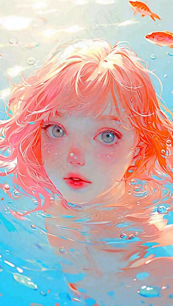 海底世界金鱼鱼类和小女孩人物游泳(816x1440)