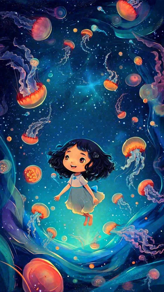 炫酷浪漫海洋海底水底可爱女孩手绘插画，鱼类水母生物(816x1456)