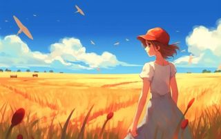 秋天麦田里的女孩背影插画背景