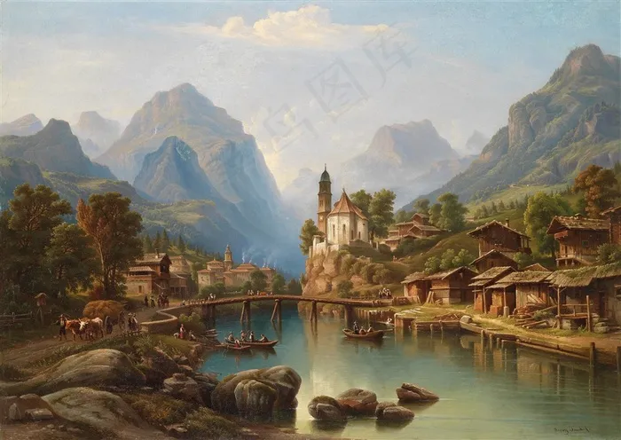欧式唯美浪漫小桥流水风景油画图片素材
