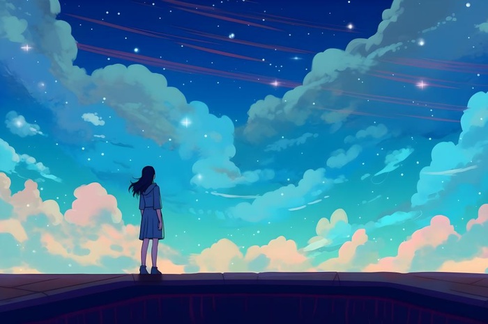 天空彩虹白云毕业的女孩插画背景(5376x3584)