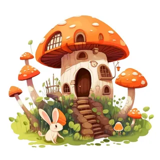 卡通插画蘑菇屋兔子免抠