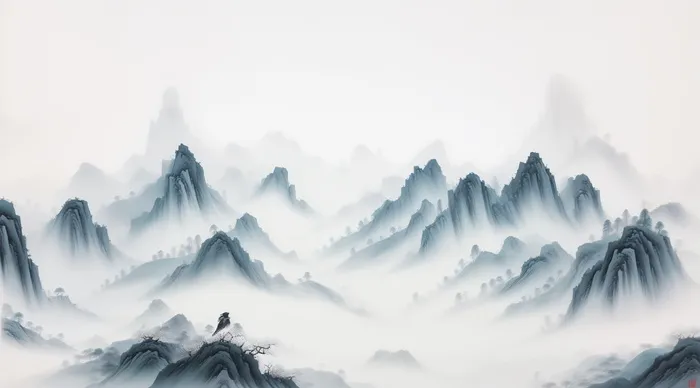 大气写意中国传统水墨画山水插画壁纸仙雀