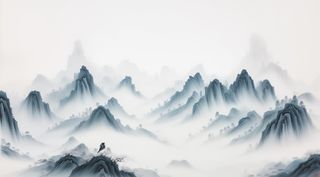 大气写意中国传统水墨画山水插画壁纸仙雀