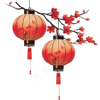 红灯笼挂梅花树梢插画免抠