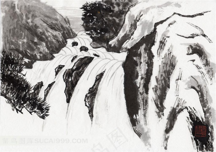 山上的瀑布水墨画
