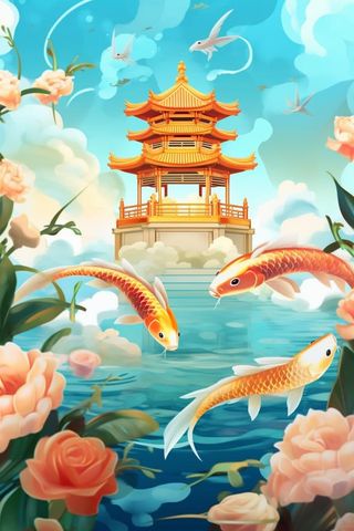 国潮夏天锦鲤唯美风景插画