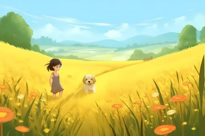 蓝天白云草坪草原人物黄色花朵手绘插画海报素材背景(5376x3584)