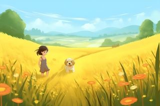 蓝天白云草坪草原人物黄色花朵手绘插画海报素材背景