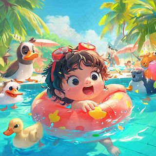 夏日儿童游泳清爽夏季暑期游玩，阳光绿植，夏至小暑