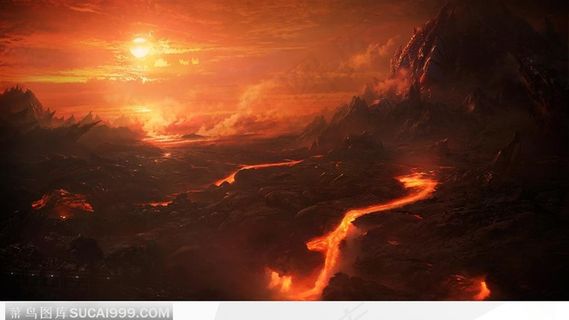 夕阳晚霞中的火山爆发岩浆