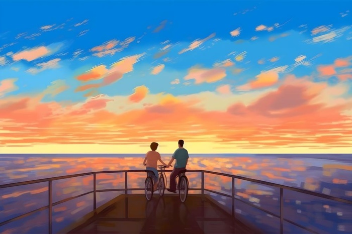 夕阳下骑自行车海边背景