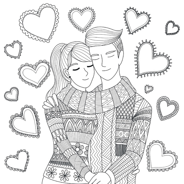 情侣卡通手绘黑白线描线稿