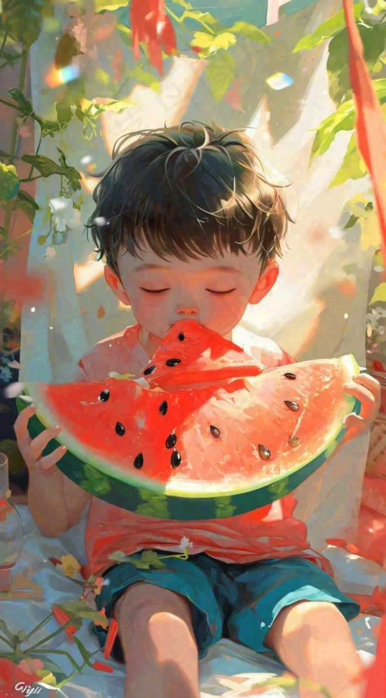 夏日清凉阳光男孩吃西瓜油画手绘插画，儿童节夏至大暑小暑(816x1472)