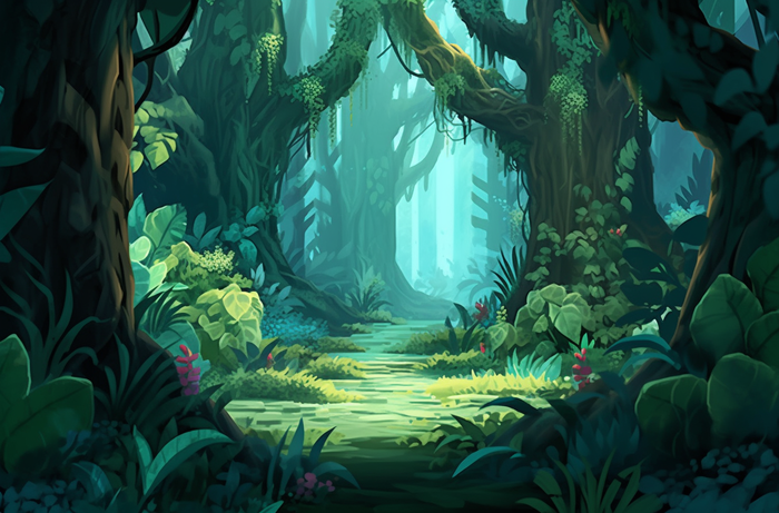 阳光明媚的日子里的一片绿色森林插画背景(4080x2688)