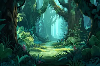 阳光明媚的日子里的一片绿色森林插画背景