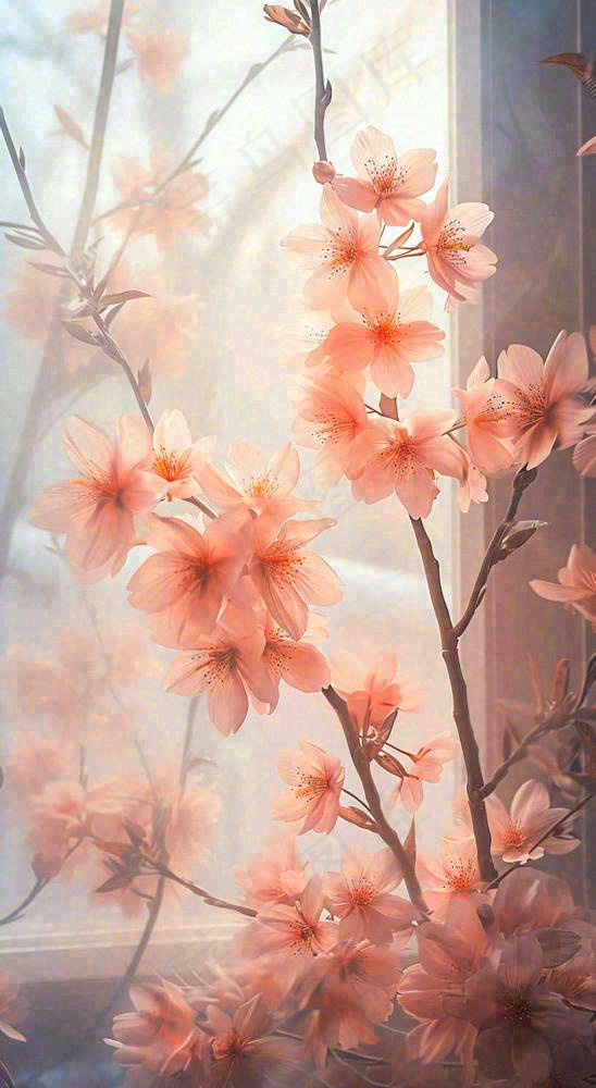 春天窗台粉色渐变鲜花，枝叶，春节立春(816x1488)