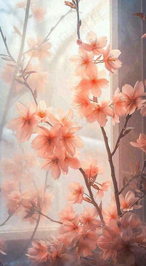 春天窗台粉色渐变鲜花，枝叶，春节立春