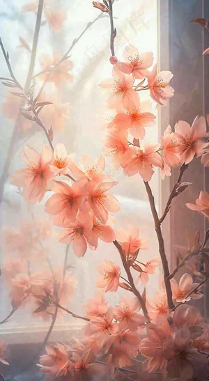 春天窗台粉色渐变鲜花，枝叶，春节立春