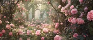 阳光明媚的花园草地上的粉红玫瑰，采用 ferrania p30 风格，童话风格，充满活力的舞台背景，郁郁葱葱的细节，梦幻般的象征主义背景