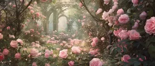 阳光明媚的花园草地上的粉红玫瑰，采用 ferrania p30 风格，童话风格，充满活力的舞台背景，郁郁葱葱的细节，梦幻般的象征主义背景