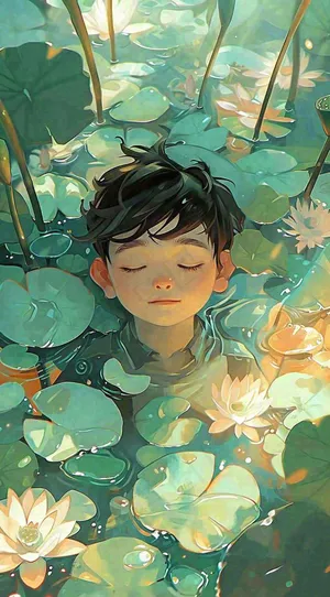 夏日温暖阳光墨绿荷花池荷叶，睡眠男孩