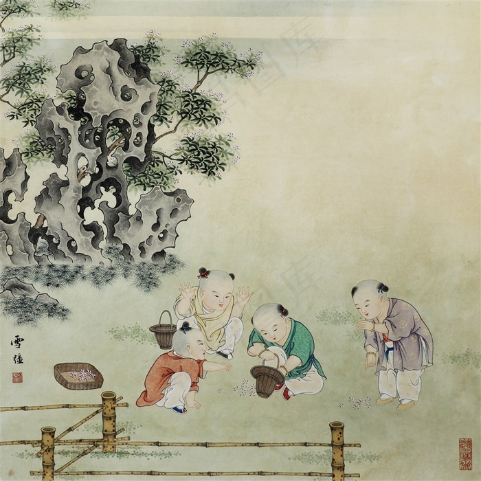 采花的儿童工笔画