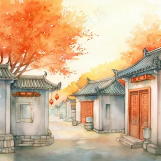 秋季胡同里古代建筑庭院水彩画水墨画素材