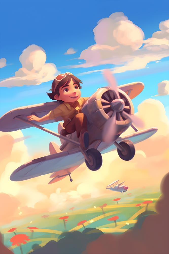 天空遨游飞机人物云朵晚霞插画背景(3584x5376)