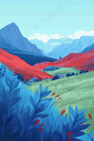 春天郊外绿地草地山脉石头插画手绘，惊蛰春分