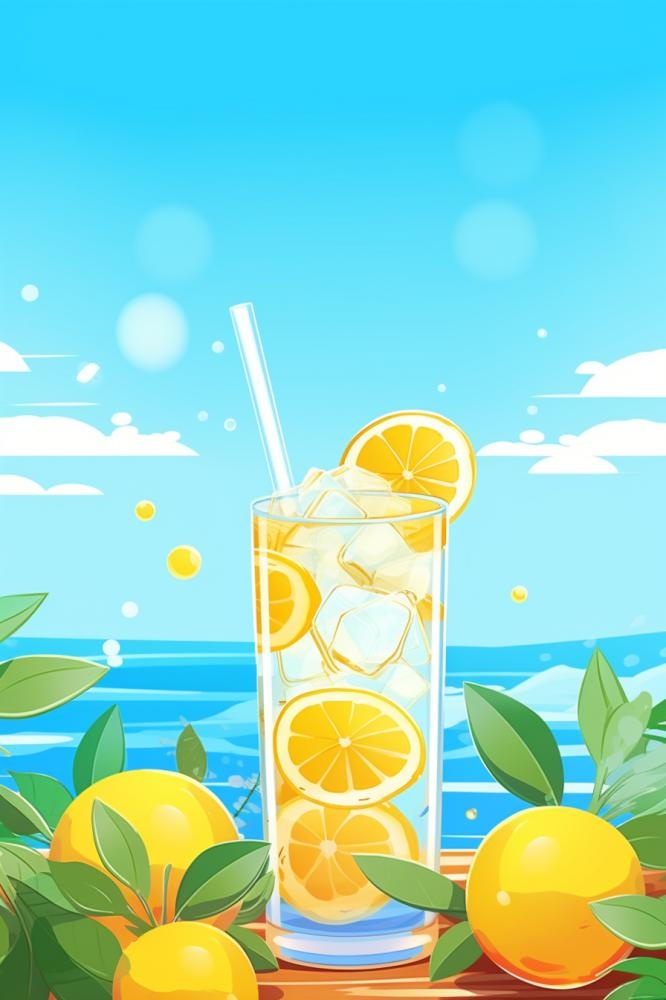 清新蓝天冰饮柠檬冰块插画背景