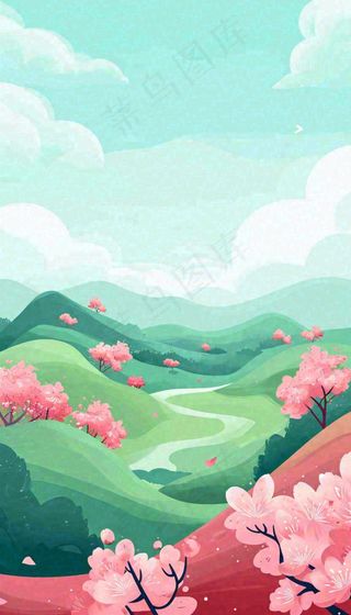 春天卡通手绘绿色的山景和开满粉红色画的树，春游，踏青，春分