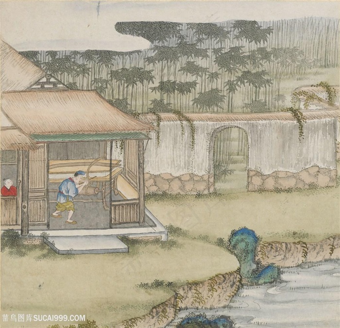 古代洗纸浆造纸场景绘画图片