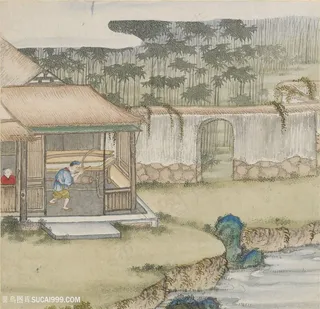 古代洗纸浆造纸场景绘画图片