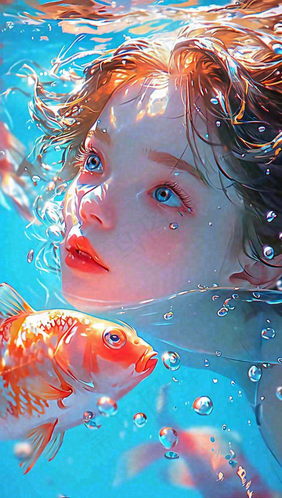 海底世界金鱼鱼类和小女孩人物游泳(816x1440)
