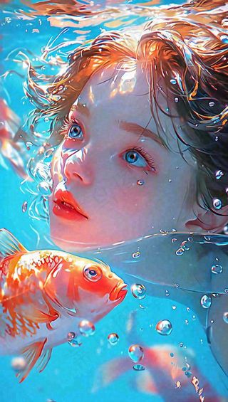 海底世界金鱼鱼类和小女孩人物游泳