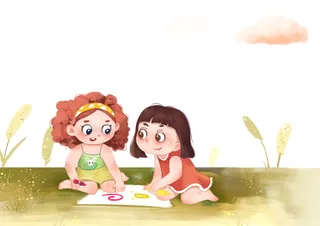 彩色卡通儿童绘本插画小朋友坐草地上玩耍